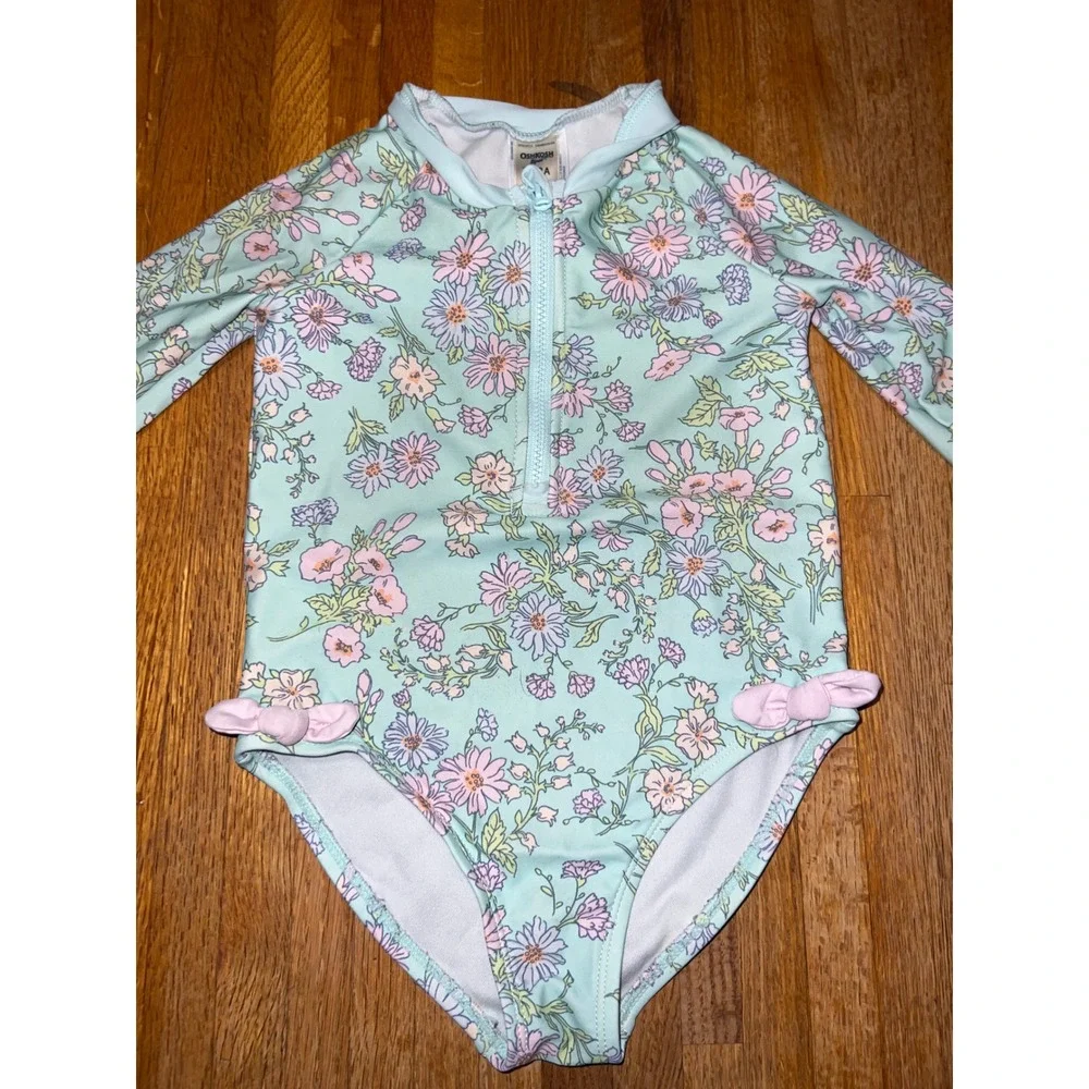 OshKosh Bgosh Toddler Girls 3T Mint Floral Long Sleeve Rash Guard 1 pc Swimsuit